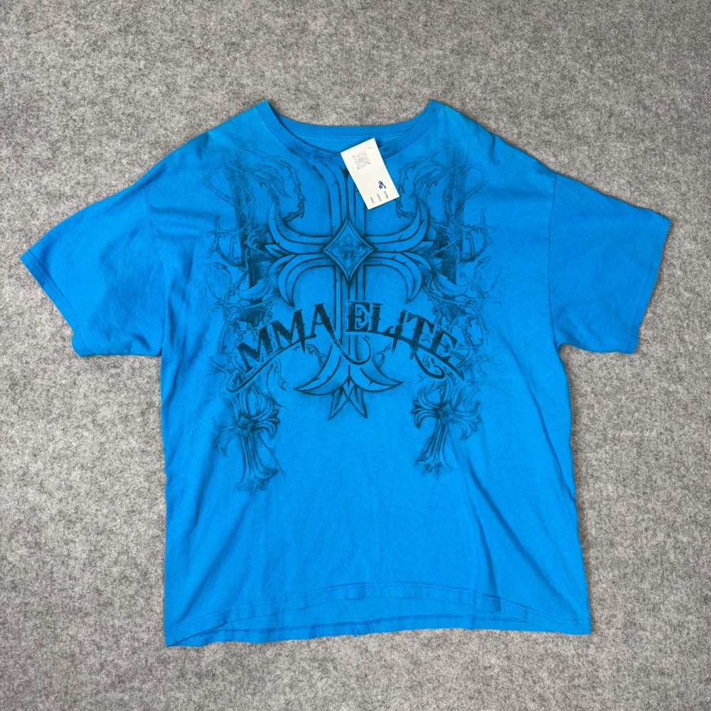 MMA Elite Mens Graphic T-Shirt XL Blue Cross Logo Y2K Streetwear Cotton Tee